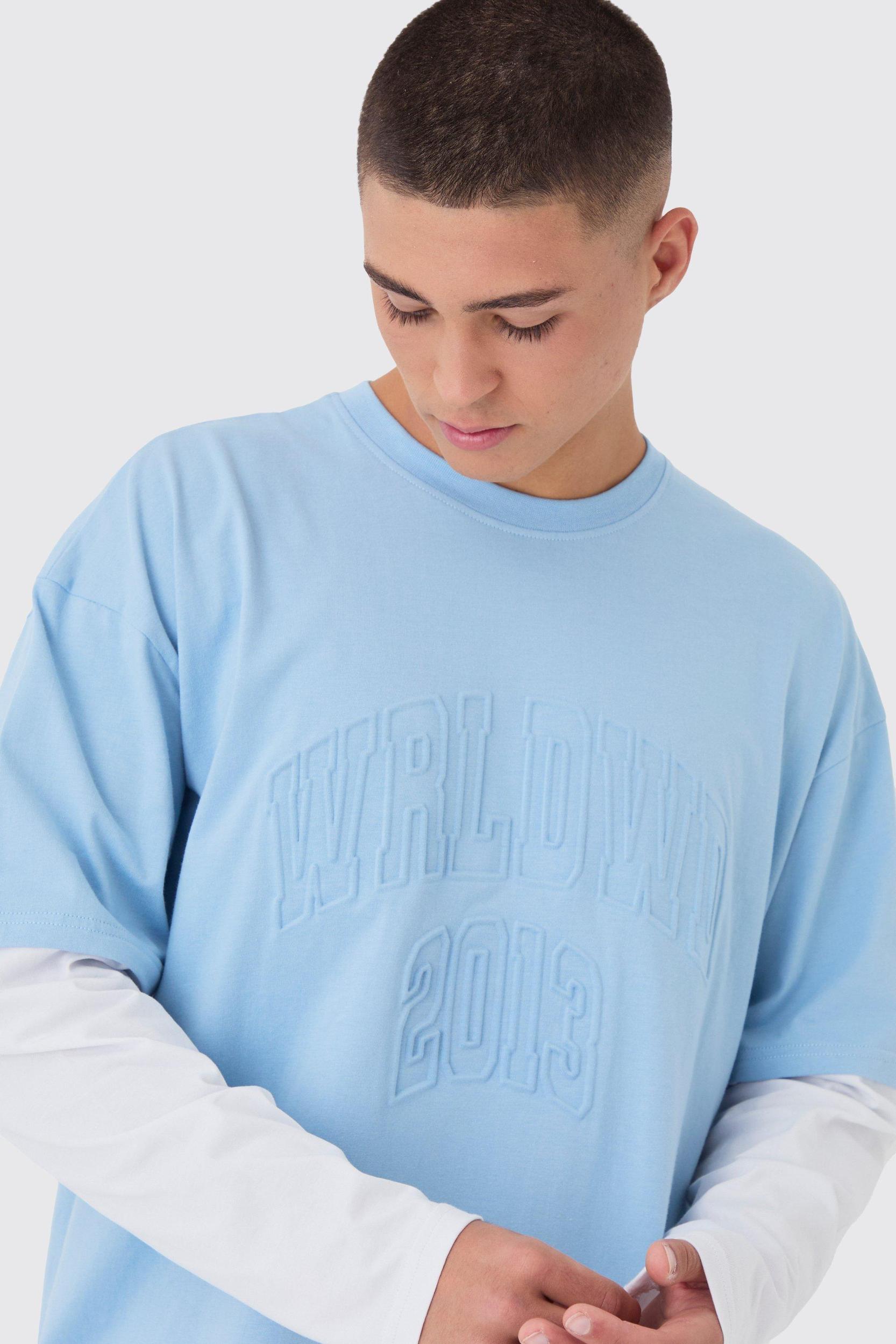Oversized Faux Layer Varsity Embossed T-Shirt | boohooMAN USA Product Image