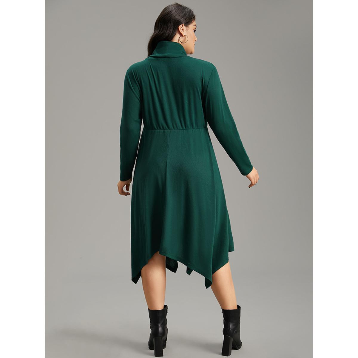 Plus Size Solid Turtleneck Hanky Hem Pocket Dress DarkGreen Women Casual Plain Turtleneck Long Sleeve Curvy Midi Dress BloomChic 22-24/3X Product Image