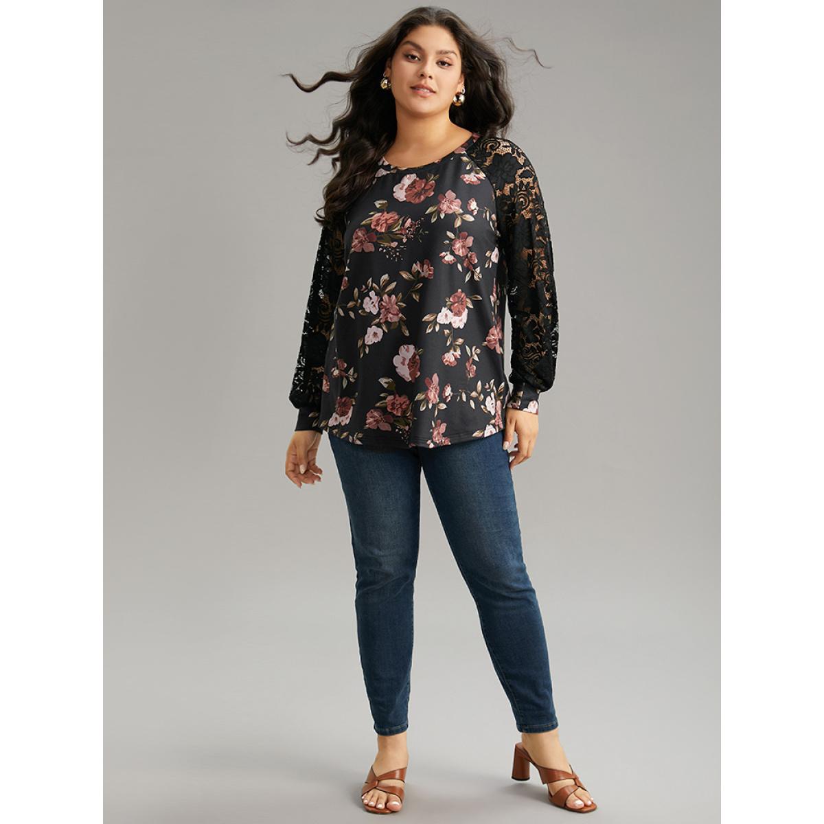 Plus Size Floral Lace Panel Raglan Sleeve Sweatshirt Women Black Elegant Printed Round Neck Dailywear Sweatshirts BloomChic 14-16/1X Product Image