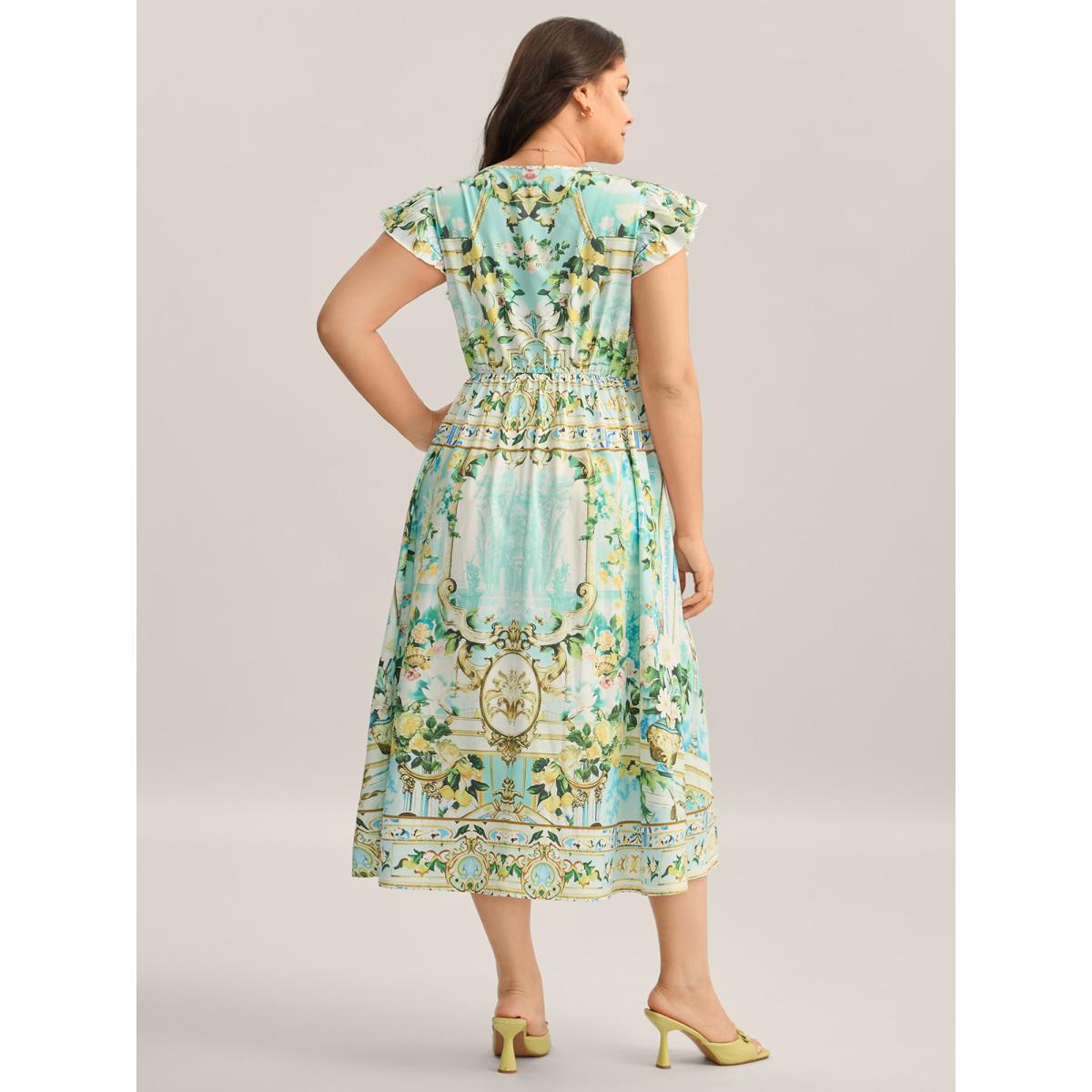 Plus Size Breezy Print Surplice Neck Ruffled Midi Dress Malachitegreen Women Overlap Collar Cap Sleeve Curvy BloomChic 18-20/2X Product Image