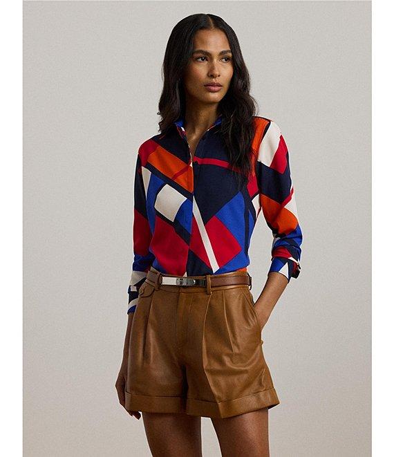 Lauren Ralph Lauren Crepe de Chine Abstract Print Point Collar Long Sleeve Button-Front Shirt Product Image