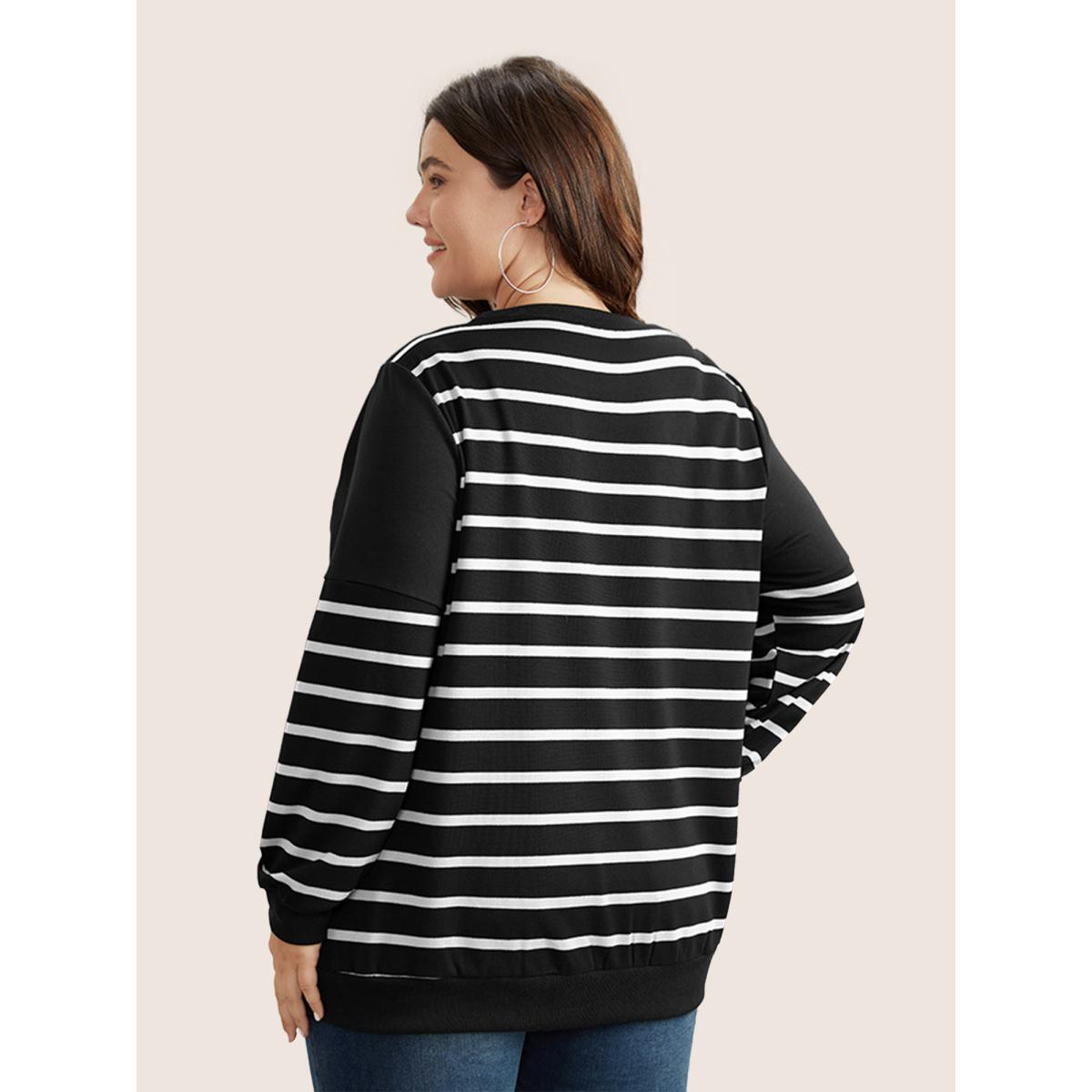 Plus Size Striped Patchwork Button Detail Sweatshirt Women Black Casual Non Round Neck Everyday Sweatshirts BloomChic 28/5X Product Image