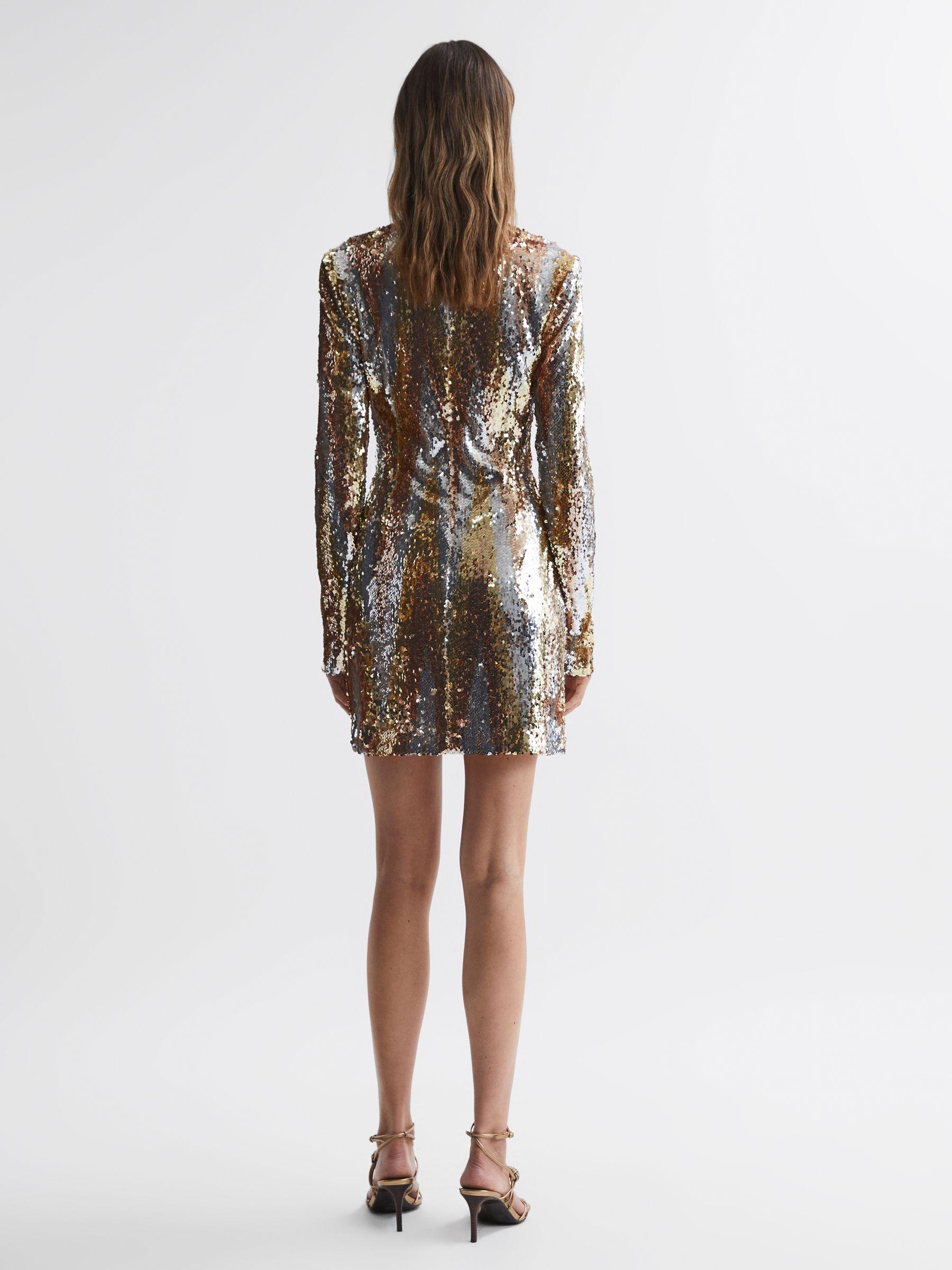 Halston Sequin Long Sleeve Mini Dress in Gold Product Image