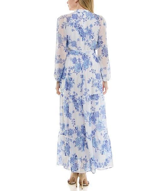 Moda Tara Long Sleeve Mock Neck Floral Printed Chiffon Maxi Dress Product Image