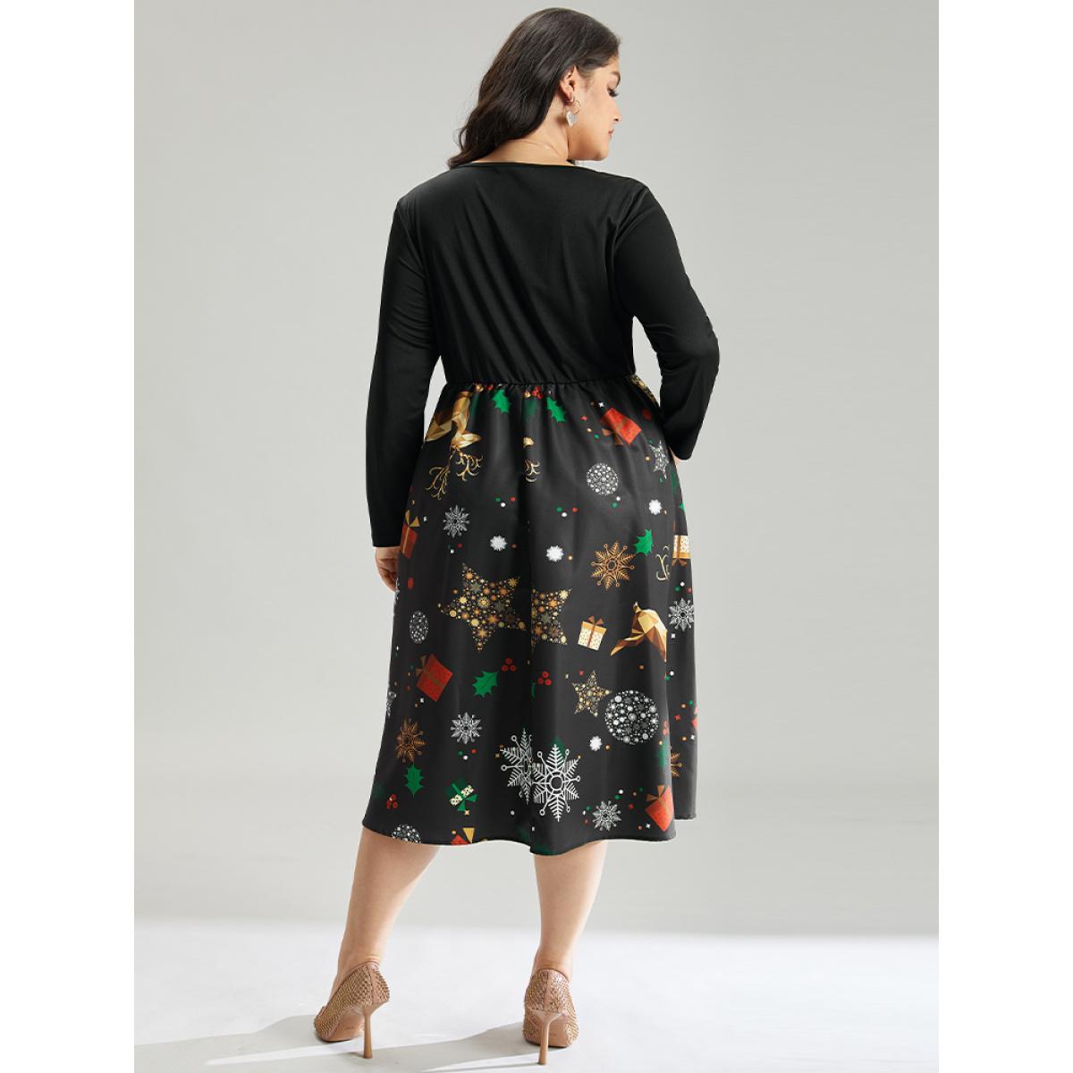 Plus Size Christmas Print Patchwork Scalloped Trim Elastic Waist Dress Black Women Glamour Printed Asymmetrical Neck Long Sleeve Curvy Midi Dress BloomChic 26/4X Product Image