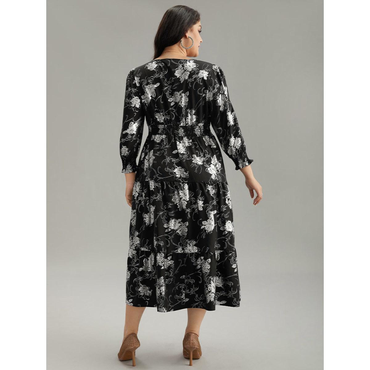 Plus Size Silhouette Floral Print Glitter Wrap Shirred Dress Black Women Elegant Wrap Overlap Collar Elbow-length sleeve Curvy Midi Dress BloomChic 30/6X Product Image