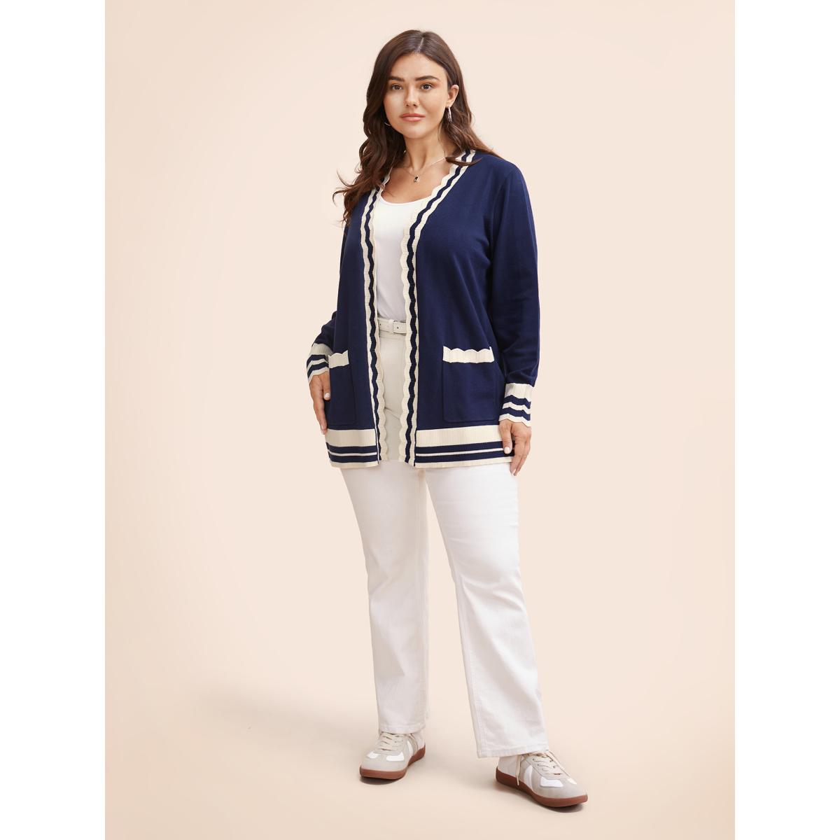 Plus Size Supersoft Essentials Scalloped Trim Contrast Cardigan Indigo Women Leisure Loose Long Sleeve Casual Cardigans BloomChic 12/L Product Image