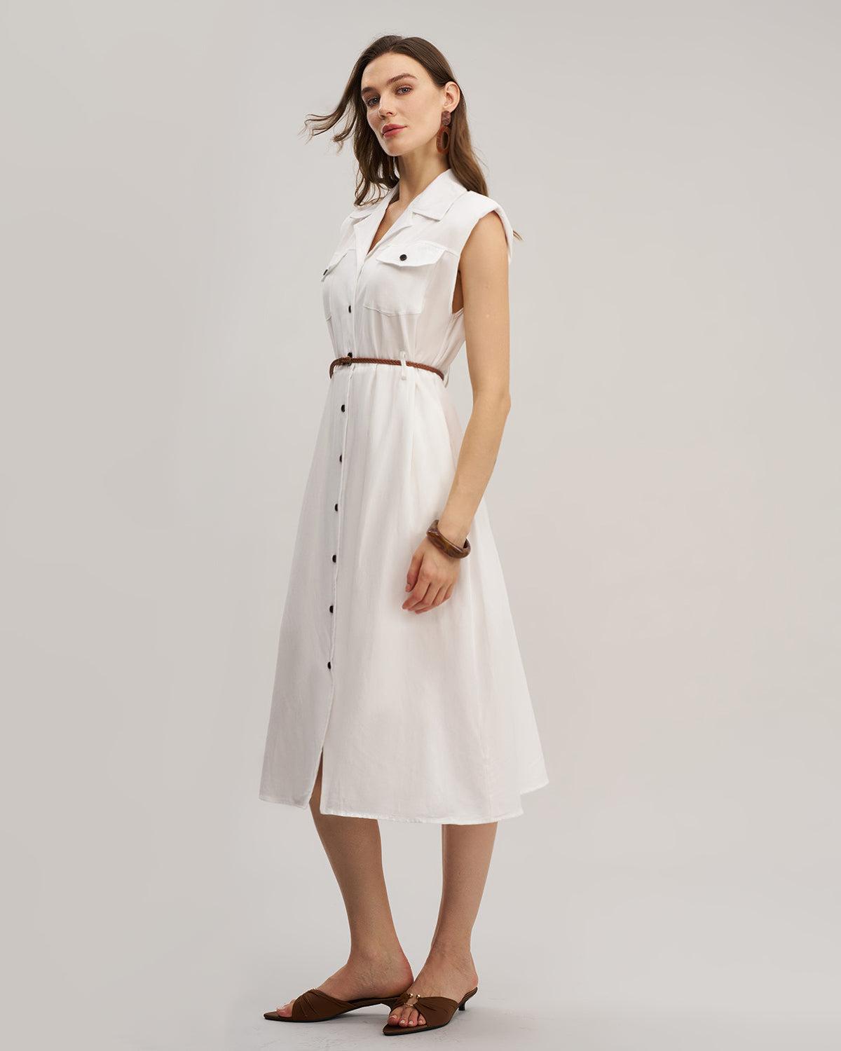 White Sleeveless Belted Midi Dress Product Image
