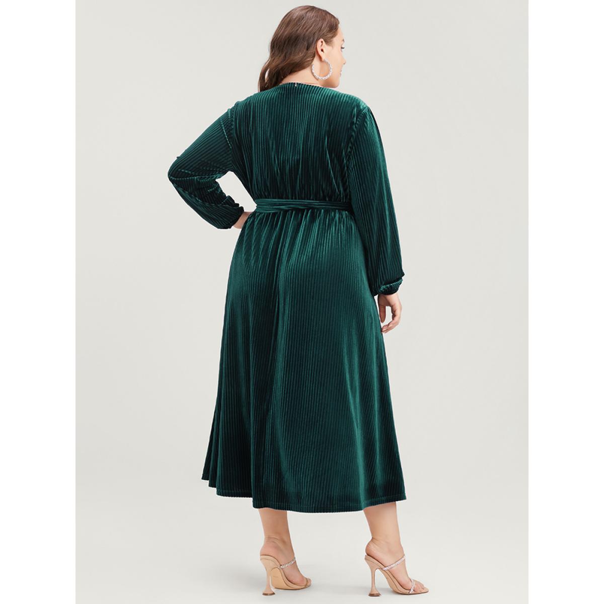 Plus Size Striped Velvet Pocket Lantern Sleeve Belted Wrap Dress DarkGreen Women Glamour Pocket V-neck Long Sleeve Curvy Midi Dress BloomChic 22-24/3X Product Image