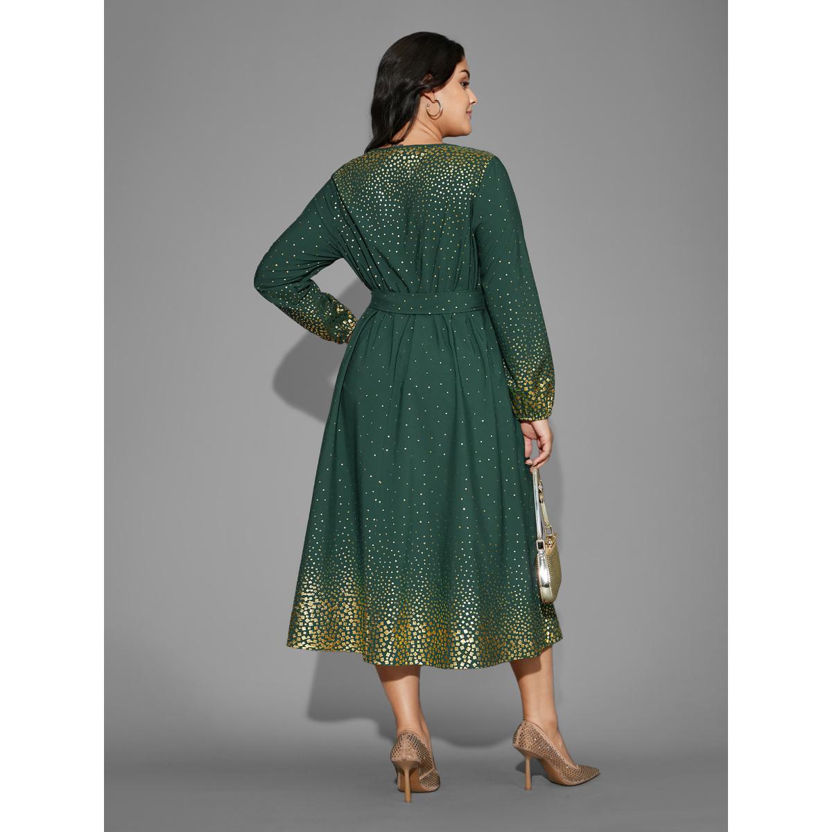 Plus Size Glitter Round Neck Belted Lantern Sleeve Dress DarkGreen Women Cocktail Texture Party Curvy Bloomchic 22-24/3X Product Image