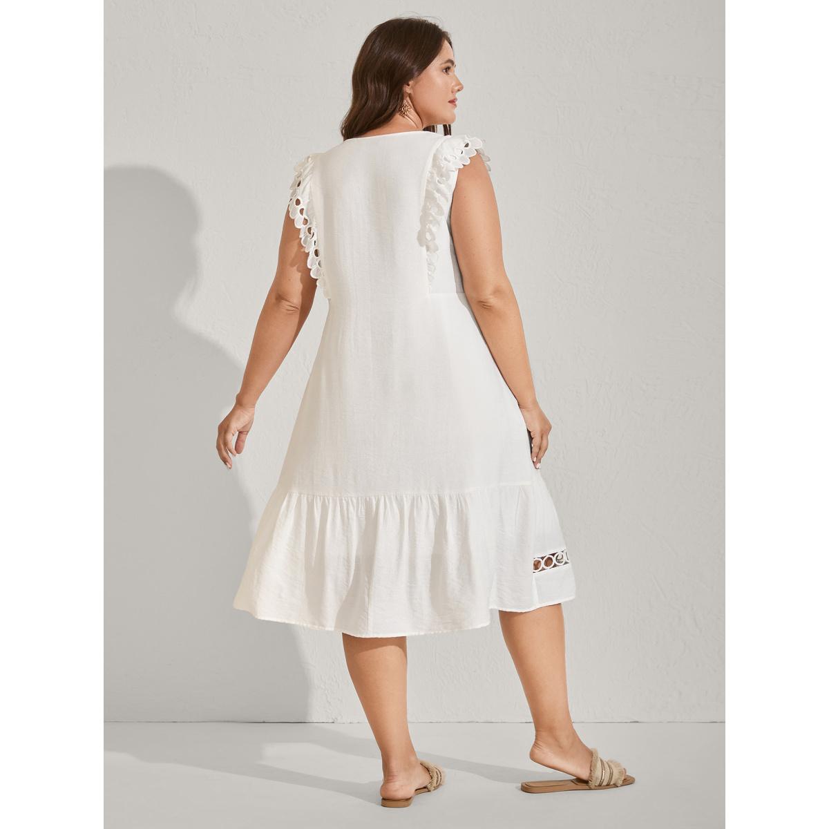Plus Size Lace Embroidered Sleeve Plain Midi Dress Originalwhite Women V-neck Cap Sleeve Curvy BloomChic 18-20/2X Product Image
