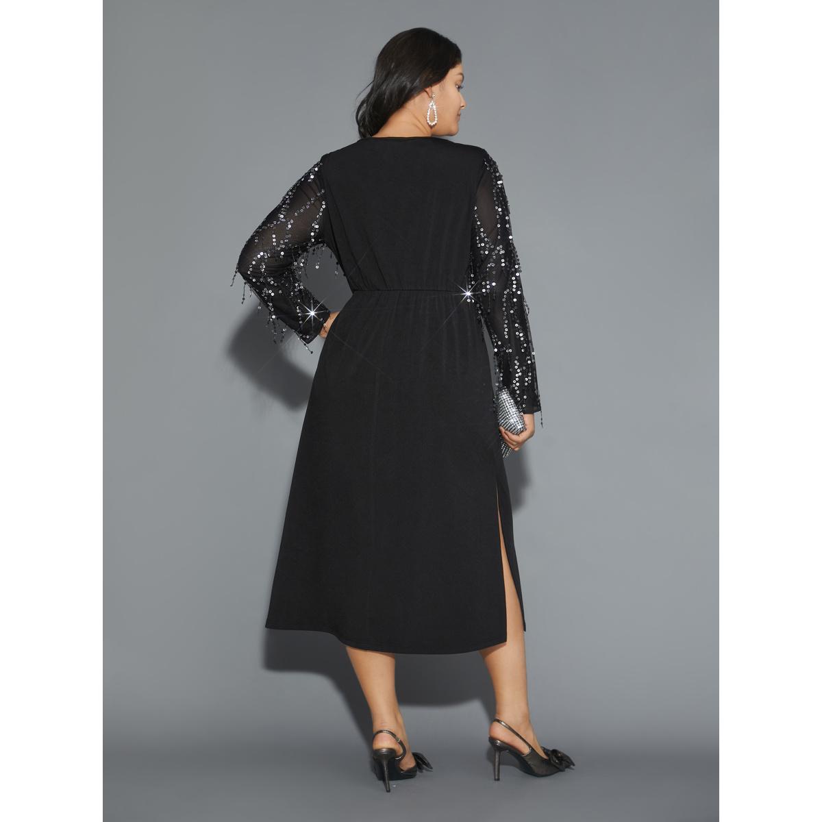 Plus Size Sequin Patchwork Mesh Split Hem Dress Black Women Cocktail Texture Round Neck Long Sleeve Curvy BloomChic 10/M Product Image