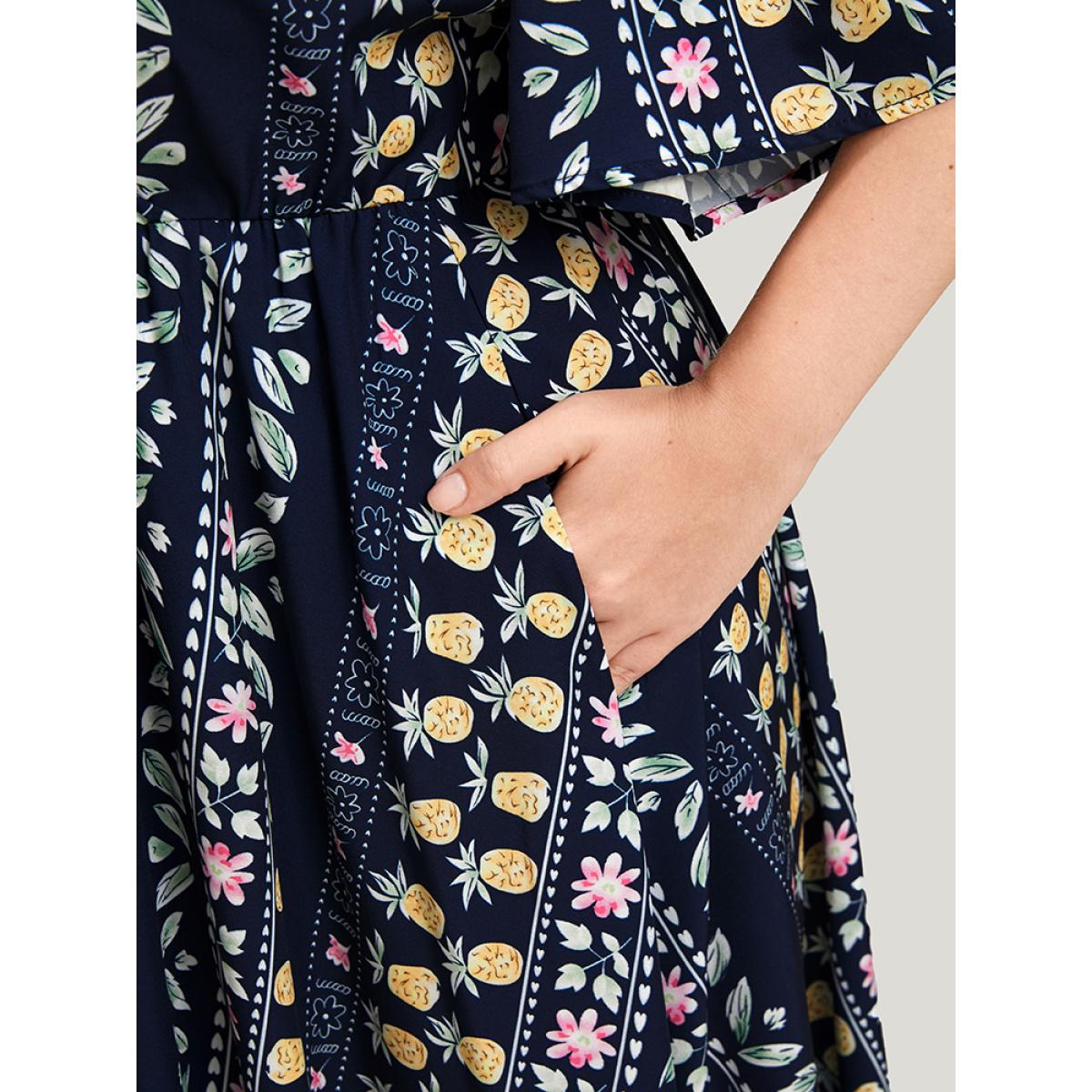 Plus Size Floral Striped Ruffles Split Pocket Wrap Maxi Dress DarkBlue Women Elegant Pocket V-neck Half Sleeve Curvy Long Dress BloomChic 12/L Product Image