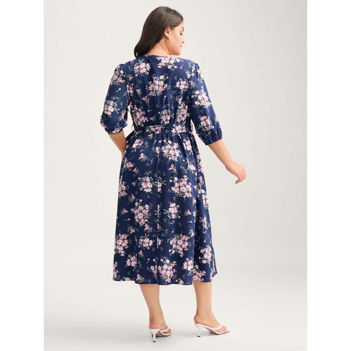Plus Size Floral Print Belted Wrap Hem Midi Dress Skyblue Women Overlap Collar Elbow-length sleeve Curvy BloomChic 12/L Product Image