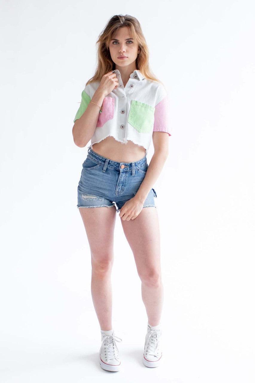 White Color Block Cropped Denim Shacket Product Image