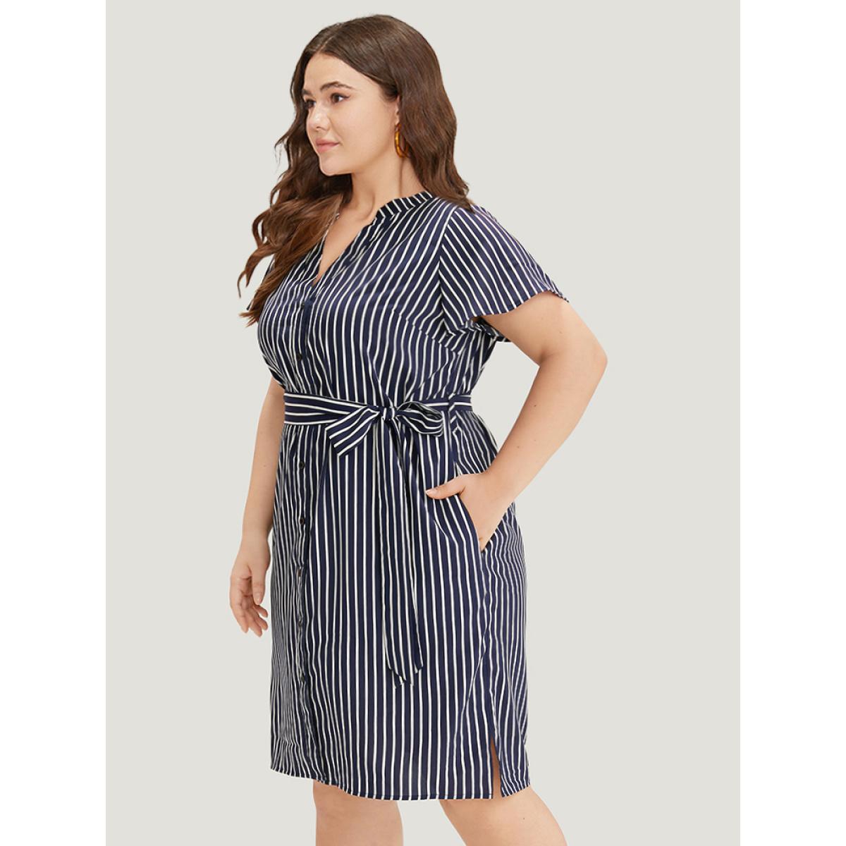 Plus Size Striped Pocket Button Through Belted Split Hem Dress Indigo Women Office Belted Notched collar Short sleeve Curvy Midi Dress BloomChic 10/M Product Image
