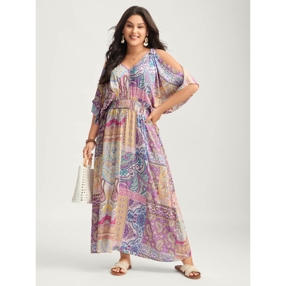 Plus Size Boho Collage Off-Shoulder Maxi Dress Multicolor Women Boho Deep V-neck Sleeveless Curvy BloomChic 30/6X Product Image