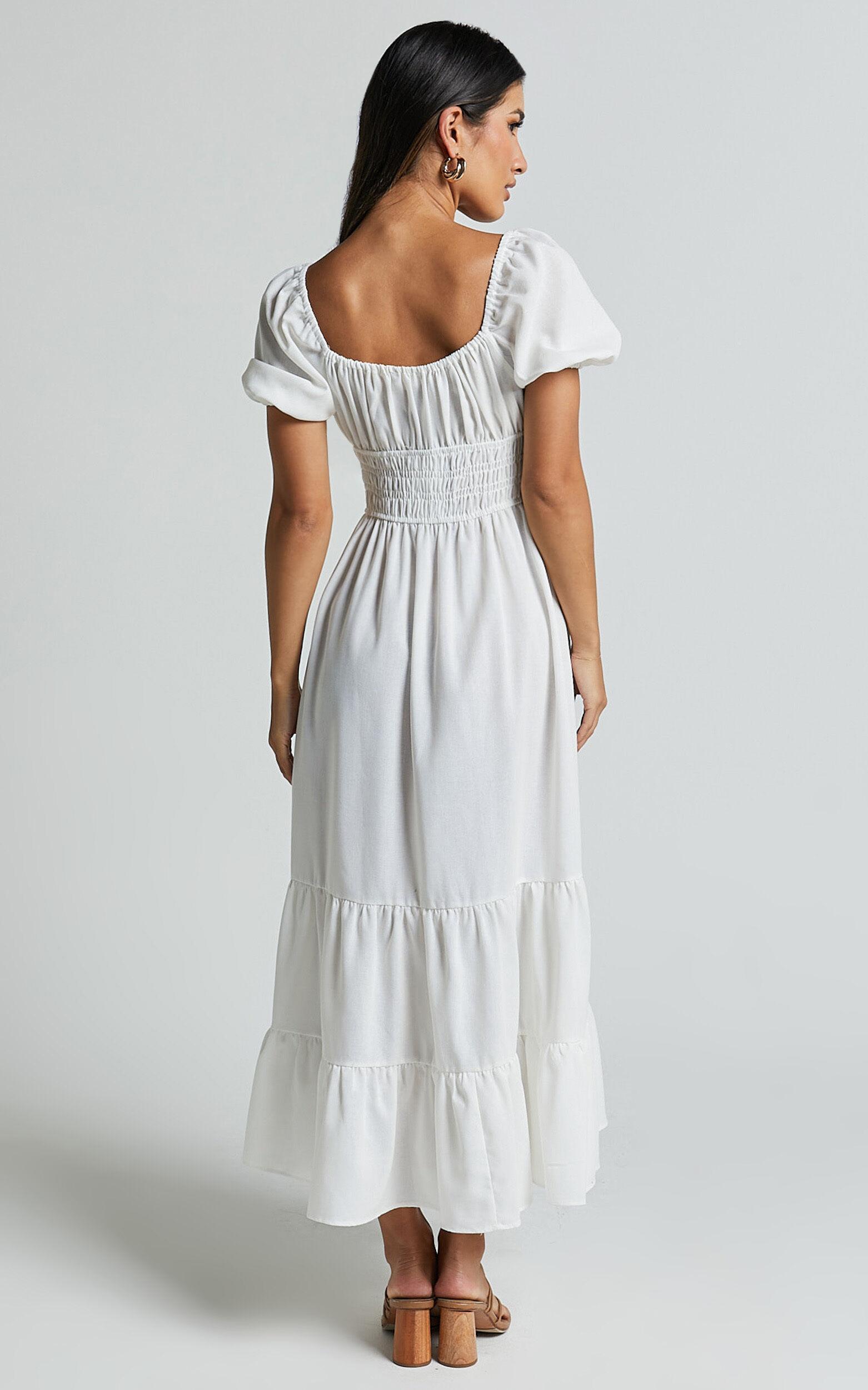Claritza Midi Dress - Linen Look Short Puff Sleeve Square Neck Tiered Dress in White Product Image