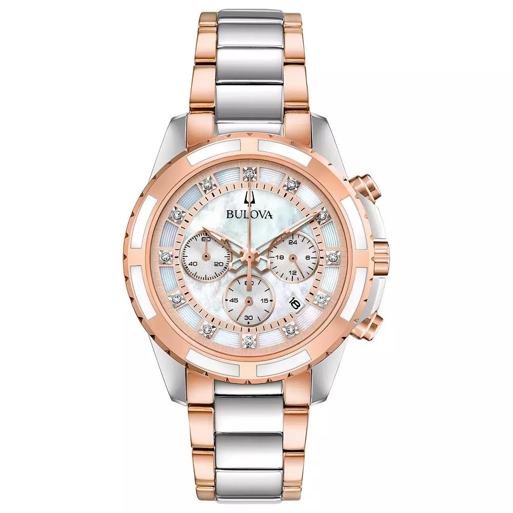 Bulova Womens Two-Tone Stainless Steel Chronograph Diamond Accent Bracelet Watch - 98P181 Gold Silver Product Image
