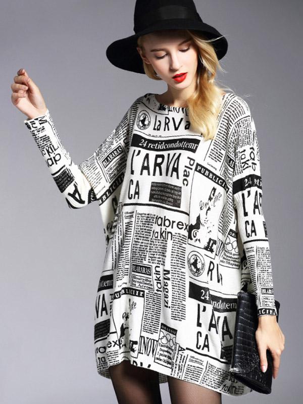 Vintage Loose One-Shoulder Newspaper Printed Split-Joint Sweater Product Image