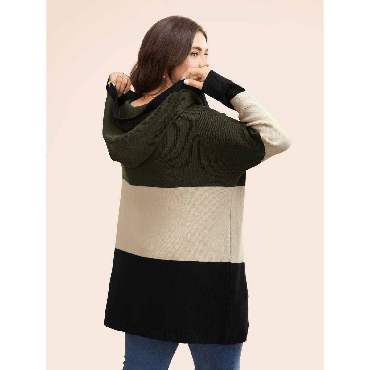 Plus Size Colorblock Contrast Patched Pocket Hooded Cardigan Browncoffeecolor Women Leisure Loose Long Sleeve Casual Cardigans BloomChic 30/6X Product Image