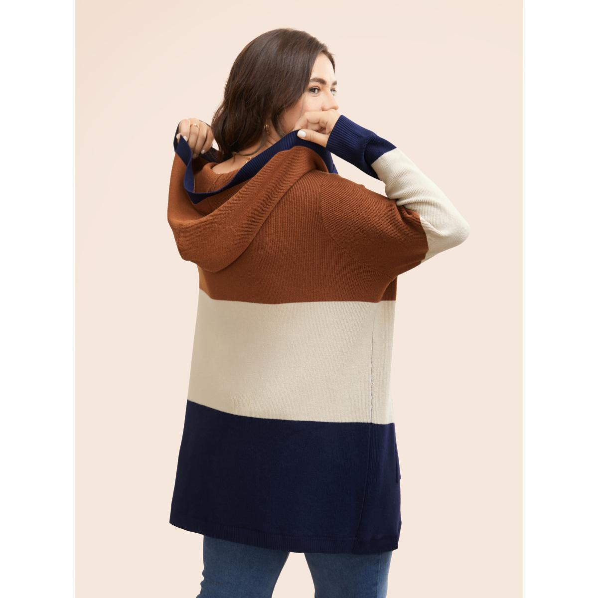Plus Size Colorblock Contrast Patched Pocket Hooded Cardigan Browncoffeecolor Women Leisure Loose Long Sleeve Casual Cardigans BloomChic 30/6X Product Image