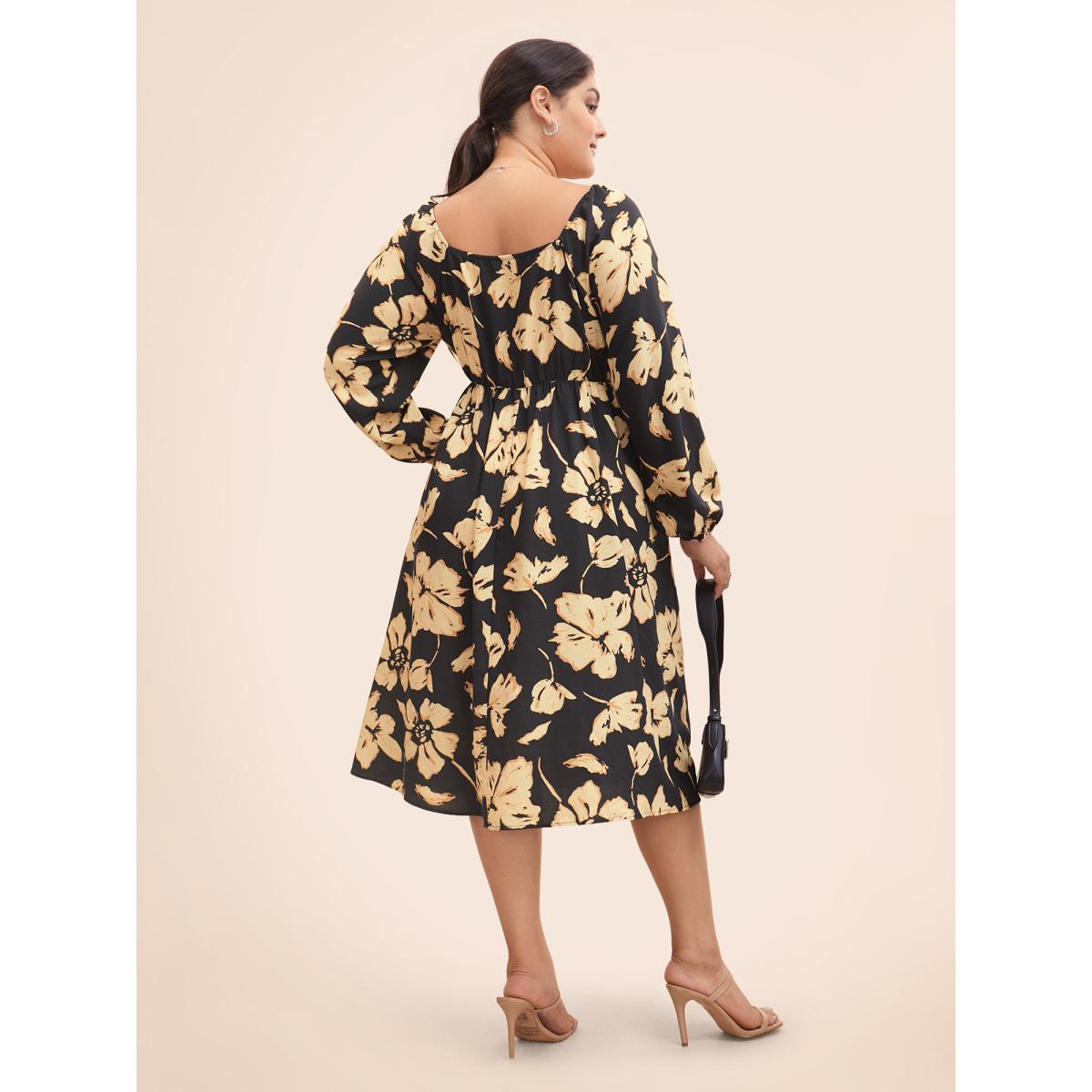 Plus Size Floral Square Neck Shirred Lantern Sleeve Dress Black Women Elegant Shirred Square Neck Long Sleeve Curvy BloomChic 30/6X Product Image