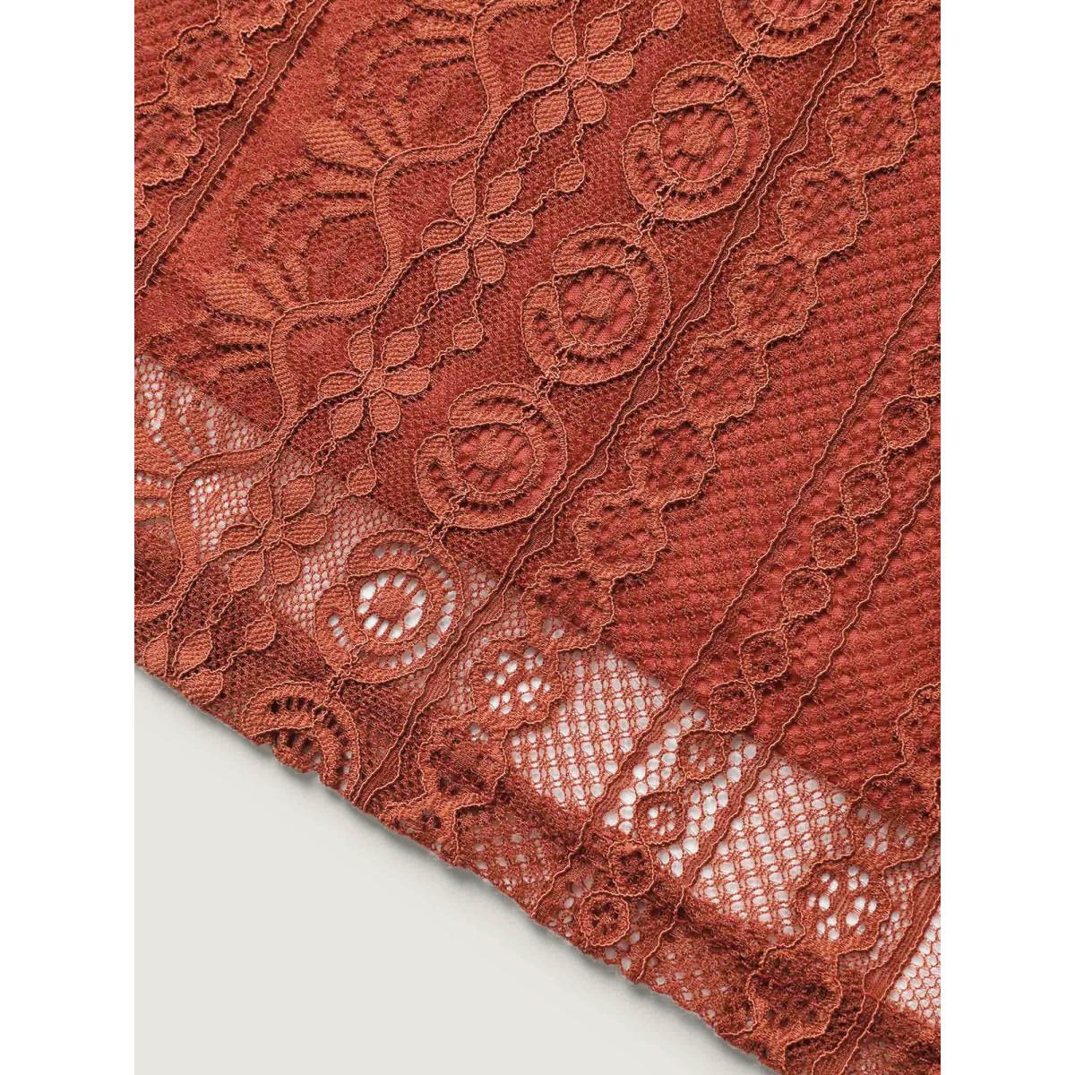 Plus Size Russet V Neck Lace Panel Drawstring Blouse Women Romantic Short sleeve V-neck Elegant Blouses BloomChic 22-24/3X Product Image