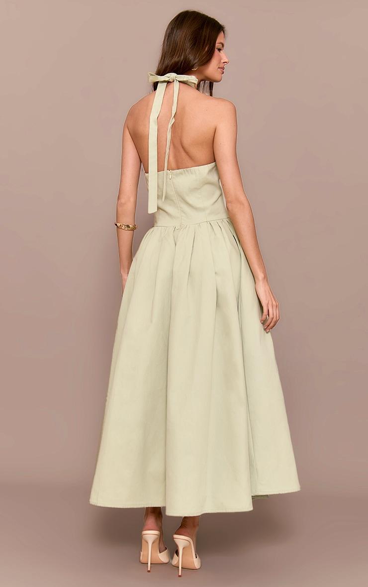 Sage Green Halterneck Tie Detail Ruched Midaxi Dress Product Image