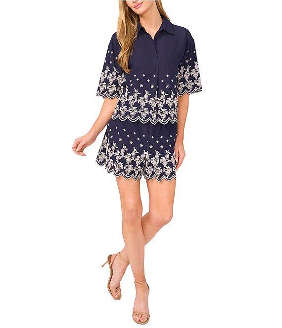 CeCe Woven Collared V-Neck Short Sleeve Floral Embroidered Button Down Shirt Product Image