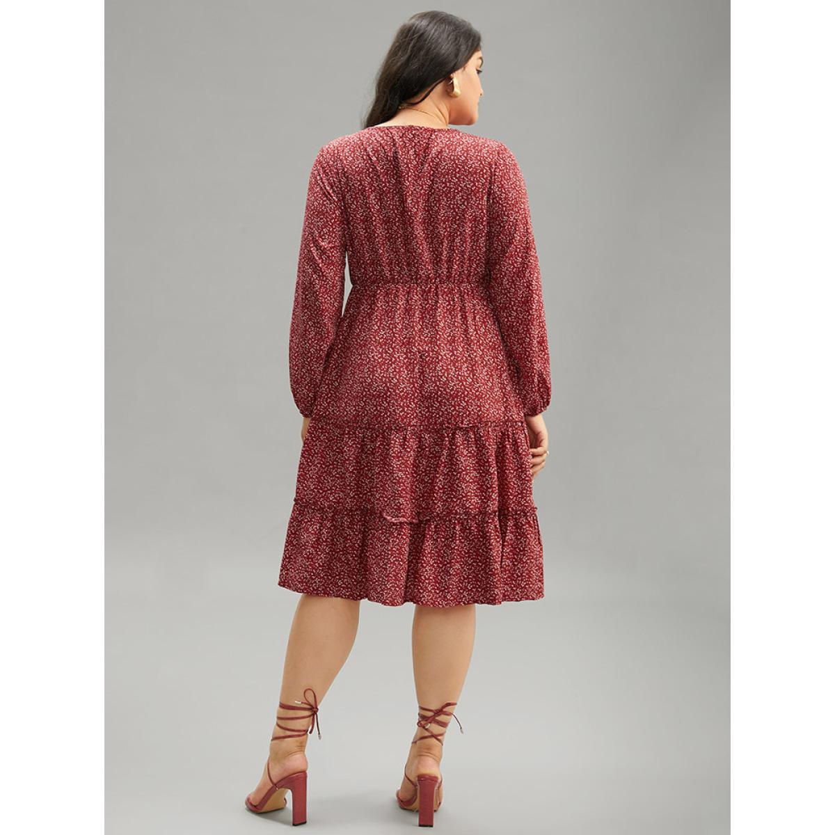 Plus Size Ditsy Floral V Neck Lantern Sleeve Ruffle Layered Hem Dress Scarlet Women Elegant Elastic cuffs V-neck Long Sleeve Curvy Midi Dress BloomChic 10/M Product Image