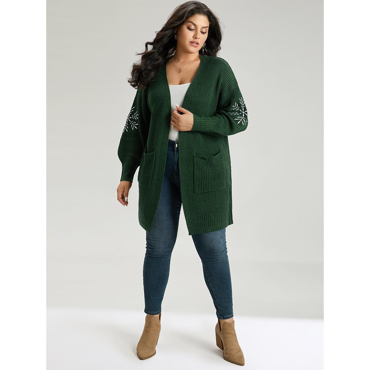 Plus Size Snowflake Embroidered Patched Pocket Cardigan DarkGreen Women Casual Loose Long Sleeve Festival-Christmas Cardigans BloomChic 22-24/3X Product Image