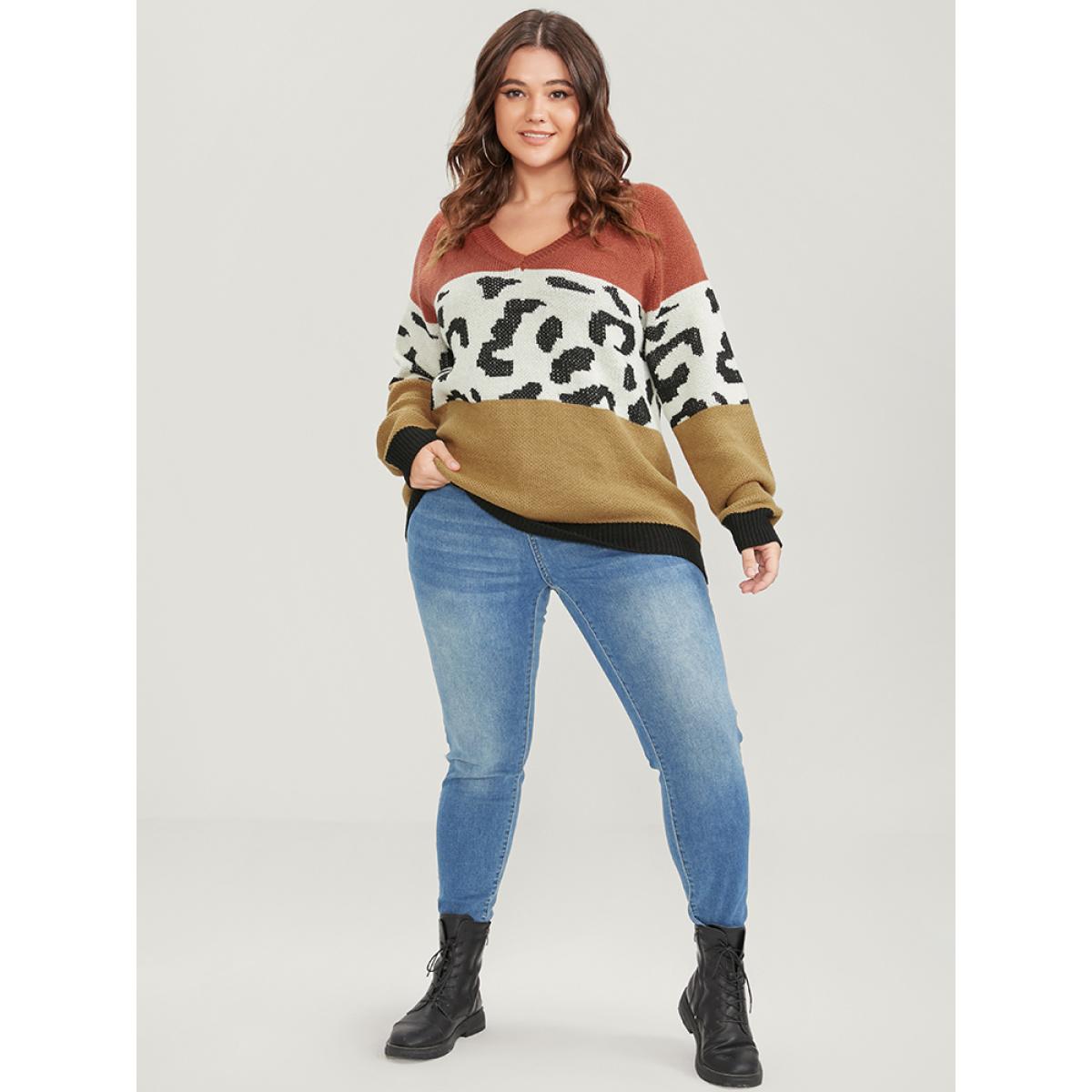 Plus Size Leopard Colorblock Contrast Pointelle Knit V Neck Knit Top Multicolor Women Casual Loose Long Sleeve V-neck Dailywear Pullovers BloomChic 18-20/2X Product Image