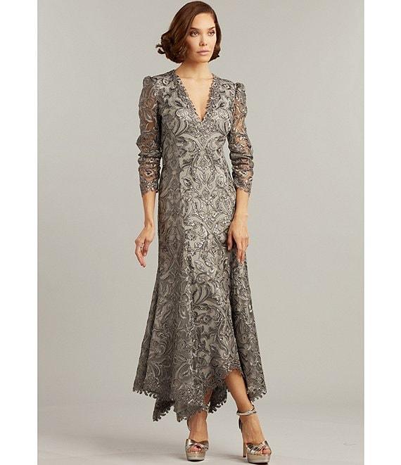 Tadashi Shoji Metallic Sequin Lace V-Neck 3/4 Sleeve Asymmetrical Hem Handkerchief Gown Product Image