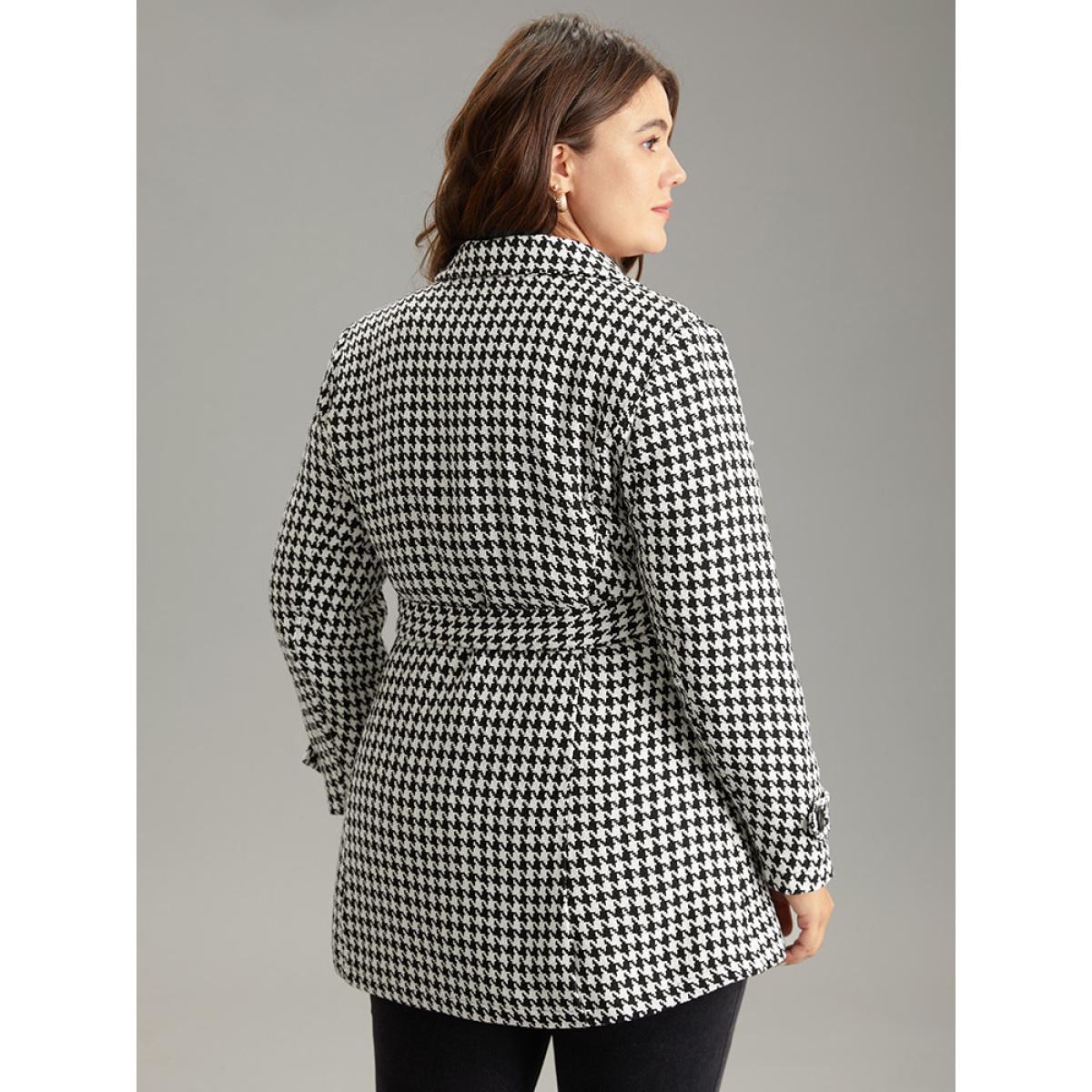Plus Size Houndstooth Double Breasted Belted Coat Women Black Casual Lined Ladies Dailywear Winter Coats BloomChic 12/L Product Image
