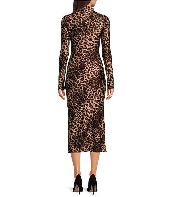 Good American Leopard Print Satin Shine Mock Neck Long Sleeve Bodycon Dress Product Image
