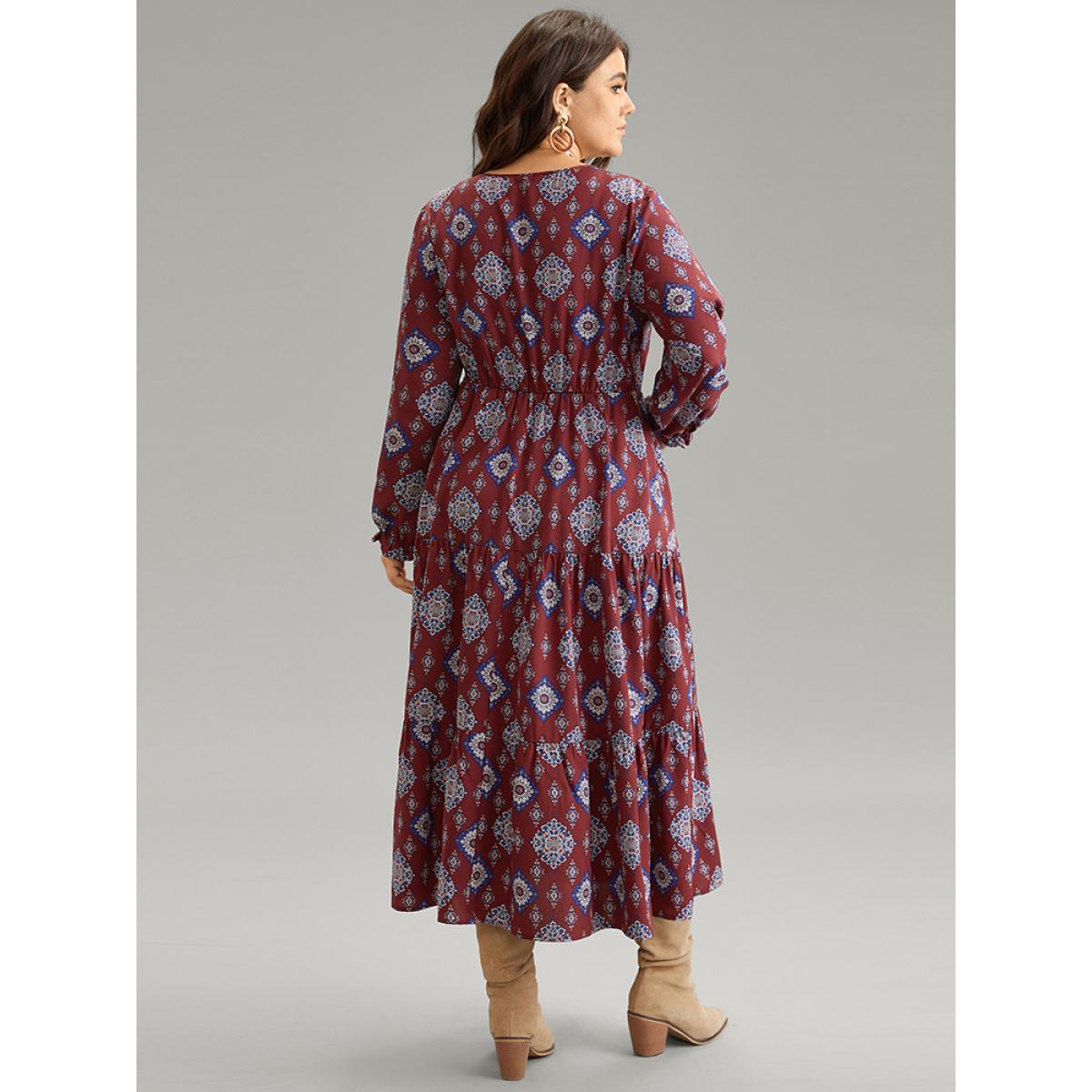 Plus Size Boho Print Knot Neck Pocket Lantern Sleeve Dress Scarlet Women Vacation Cross straps Tie Neck Long Sleeve Curvy Midi Dress BloomChic 12/L Product Image