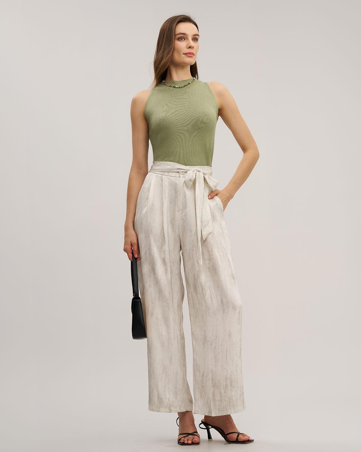 White Elastic Waist Wide Leg Pants Product Image