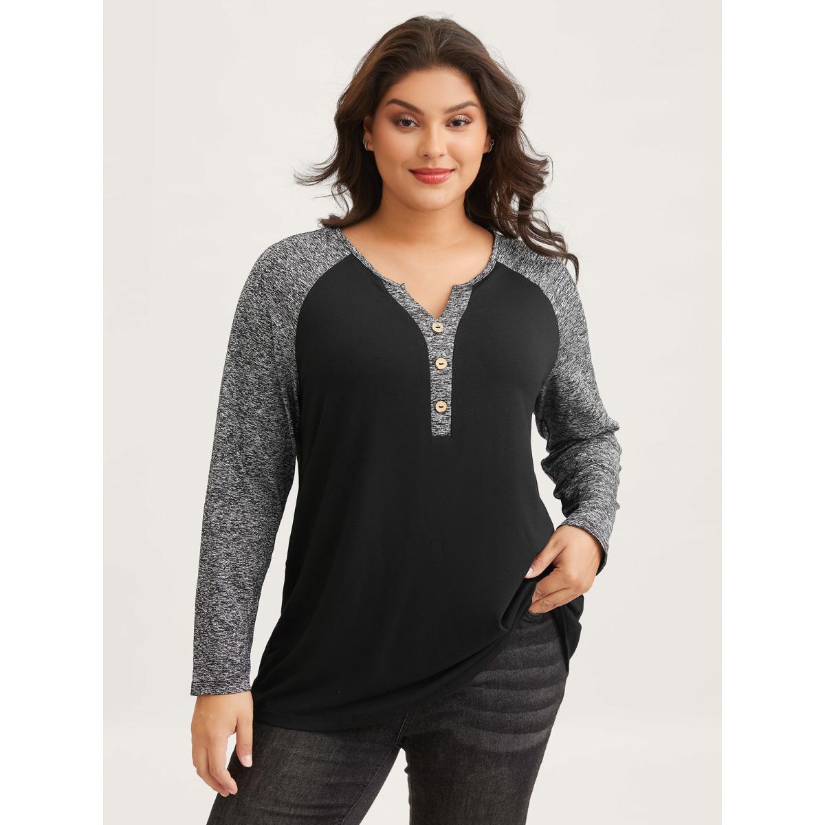 Plus Size Heather Patchwork Button Detail Stretchy T-Shirt Black Women Casual Contrast Flat collar with V-notch Everyday T-shirts BloomChic 22-24/3X Product Image