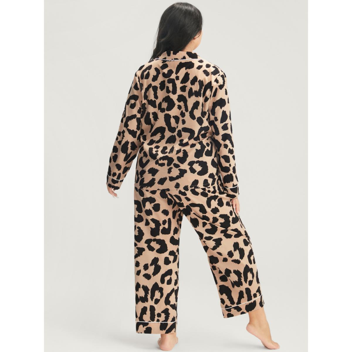 Plus Size Leopard Print Button Up Pocket Pajama Set Women Tan Leopard Patchwork Long Sleeve Shirt collar Casual Loungewear Sets BloomChic 30/6X Product Image
