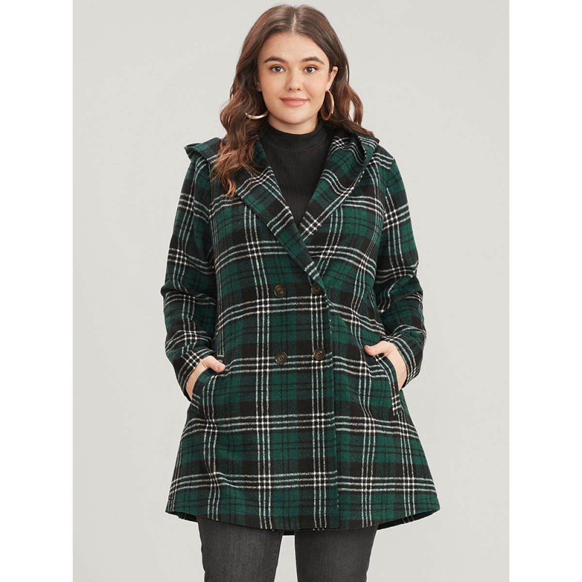 Plus Size Plaid Double Breasted Pocket Hooded Coat Women DarkGreen Casual Pocket Ladies Dailywear Winter Coats BloomChic 12/L Product Image