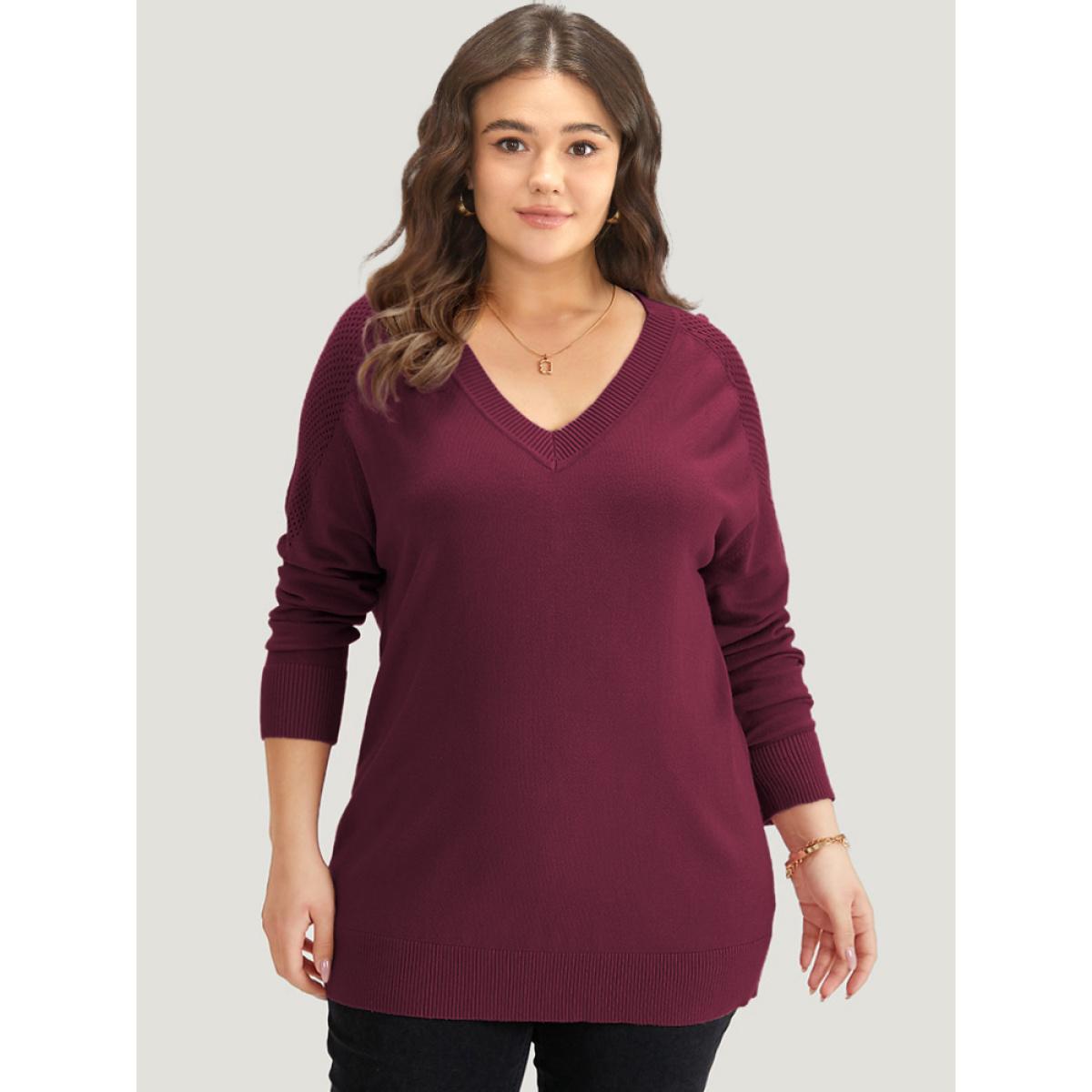 Plus Size Supersoft Essentials Solid Cut Out Patchwork Pullover Burgundy Women Casual Loose Long Sleeve V-neck Dailywear Pullovers BloomChic 10/M Product Image