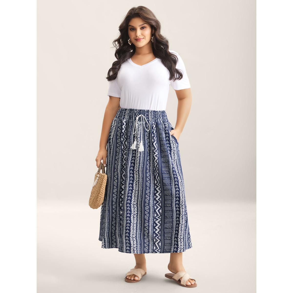Plus Size Boho Stripes Shirred Waist Maxi Skirt Women Indigo Resort Drawstring Low stretch Slanted pocket Vacation Skirts BloomChic 22-24/3X Product Image