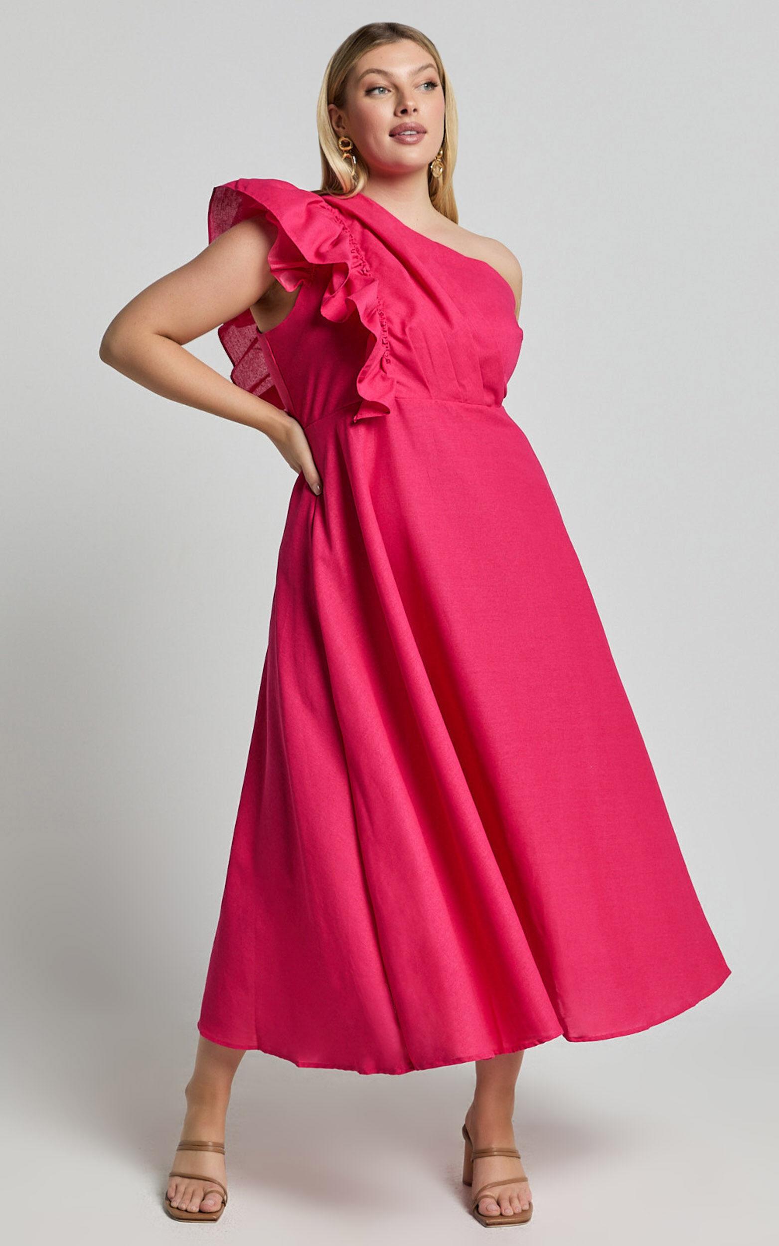 Dixie Midi Dress - Linen Look One Shoulder Ruffle Dress in Raspberry Product Image