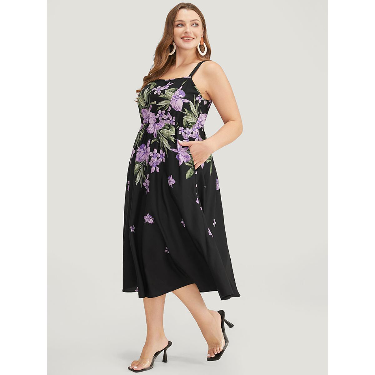 Plus Size Floral Pocket Adjustable Straps Ruffle Hem Cami Dress Black Women Elegant Adjustable Straps Spaghetti Strap Sleeveless Curvy Midi Dress BloomChic 22-24/3X Product Image
