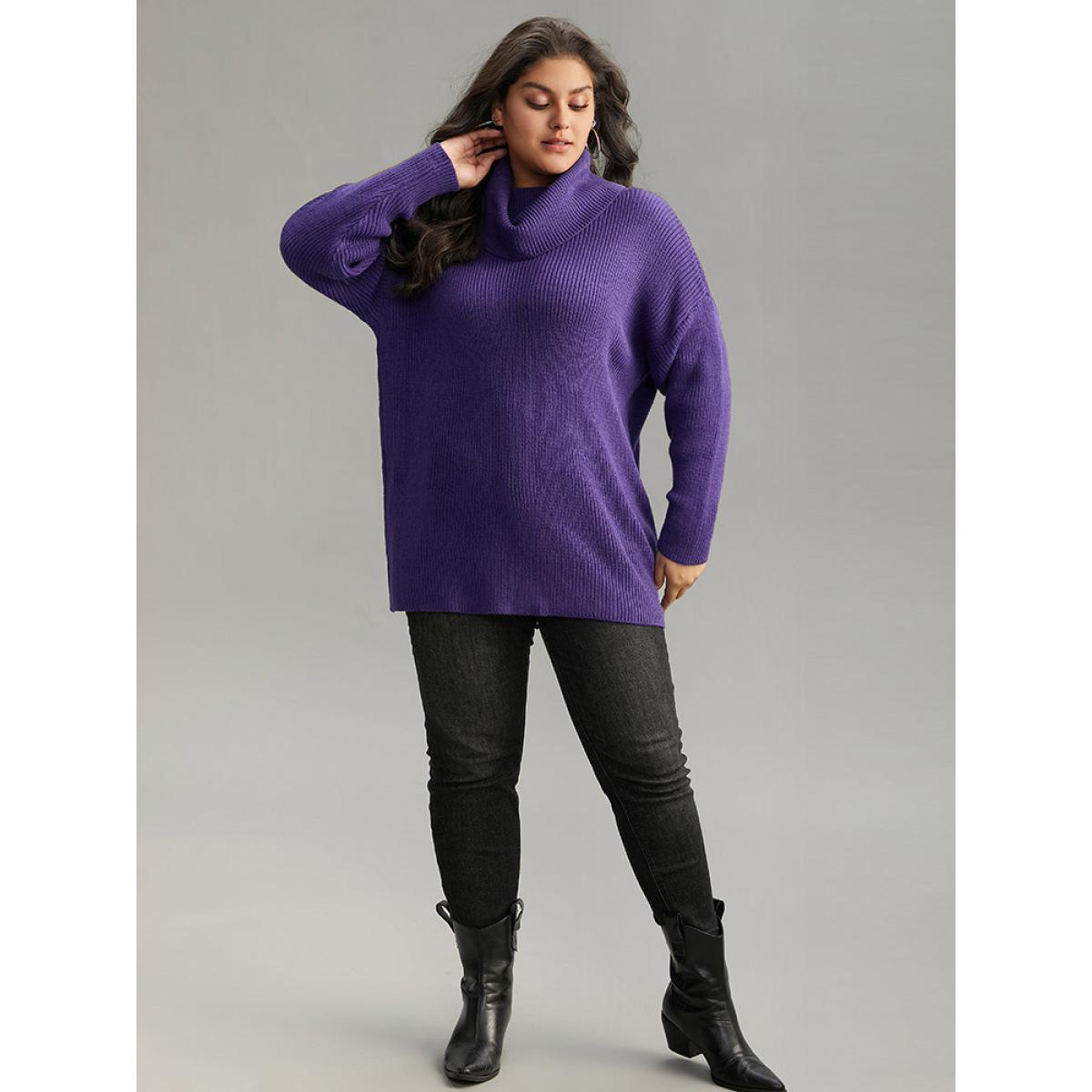 Plus Size Plain Turtleneck Texture Elastic Cuffs Pullover BlueViolet Women Casual Loose Long Sleeve Turtleneck Dailywear Pullovers BloomChic 22-24/3X Product Image