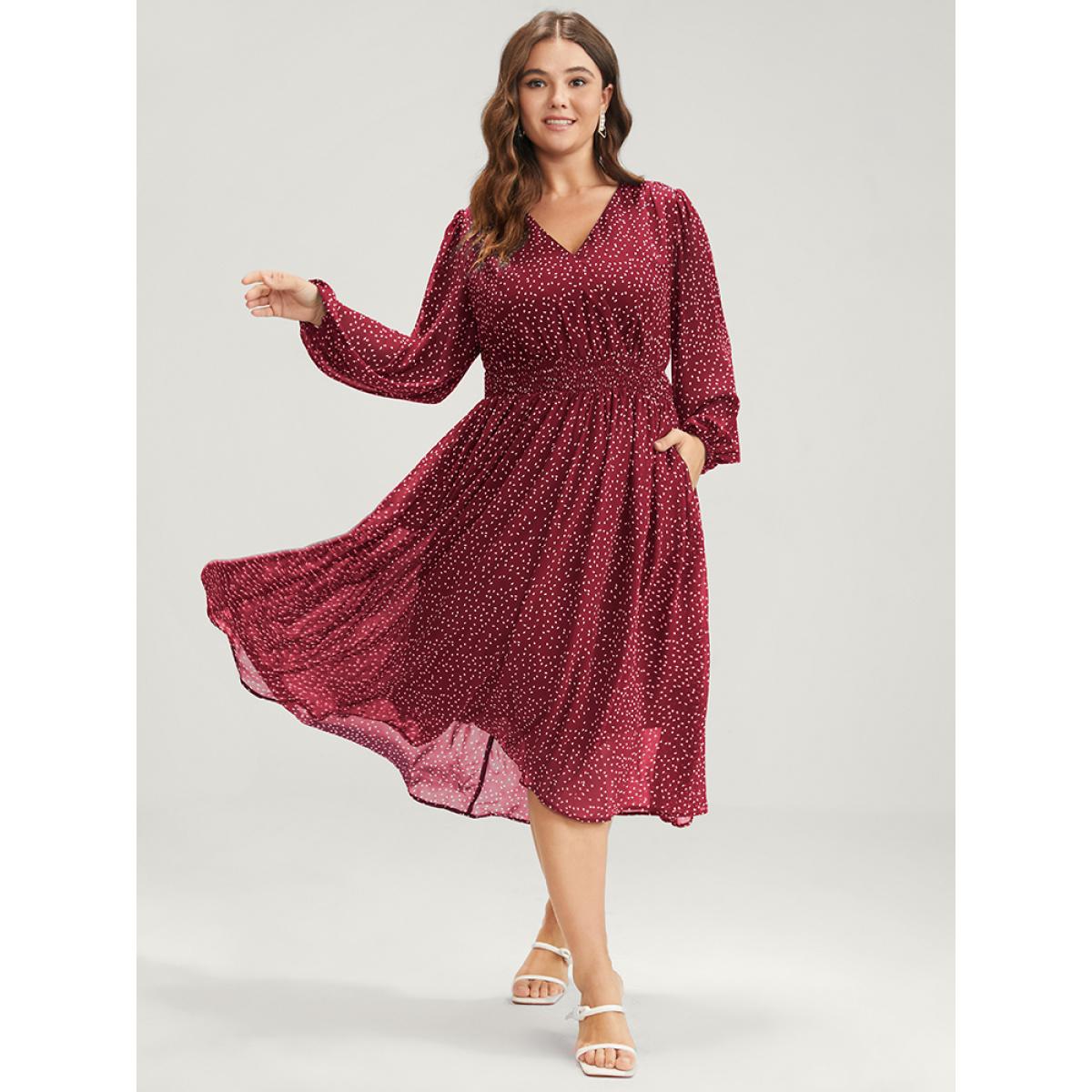 Plus Size Polka Dot Lantern Sleeve Pocket Shirred Flutter Dress Burgundy Women Elegant Pocket V-neck Short sleeve Curvy Midi Dress BloomChic 30/6X Product Image
