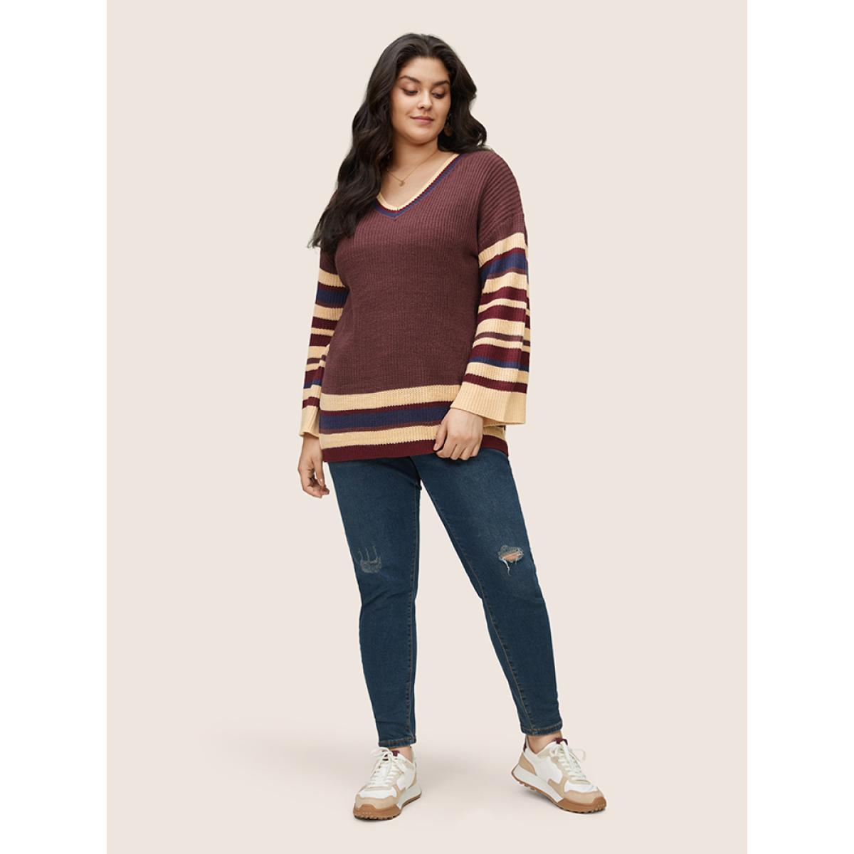 Plus Size Striped Contrast Knit Drop Shoulder Pullover DarkBrown Women Casual Loose Long Sleeve V-neck Dailywear Pullovers BloomChic 28/5X Product Image