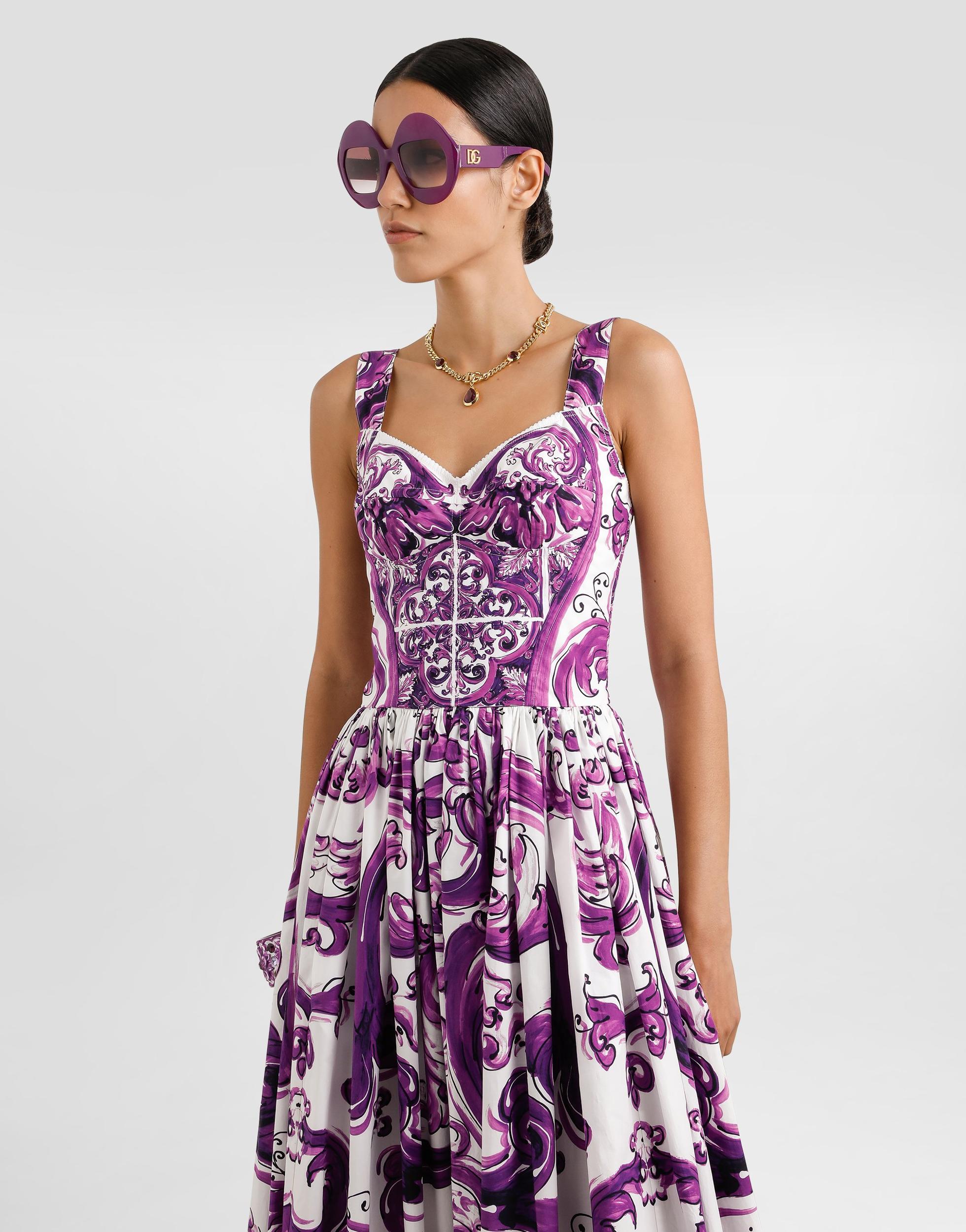 DOLCE & GABBANA Long Poplin Dress With Majolica Print In Purple Product Image