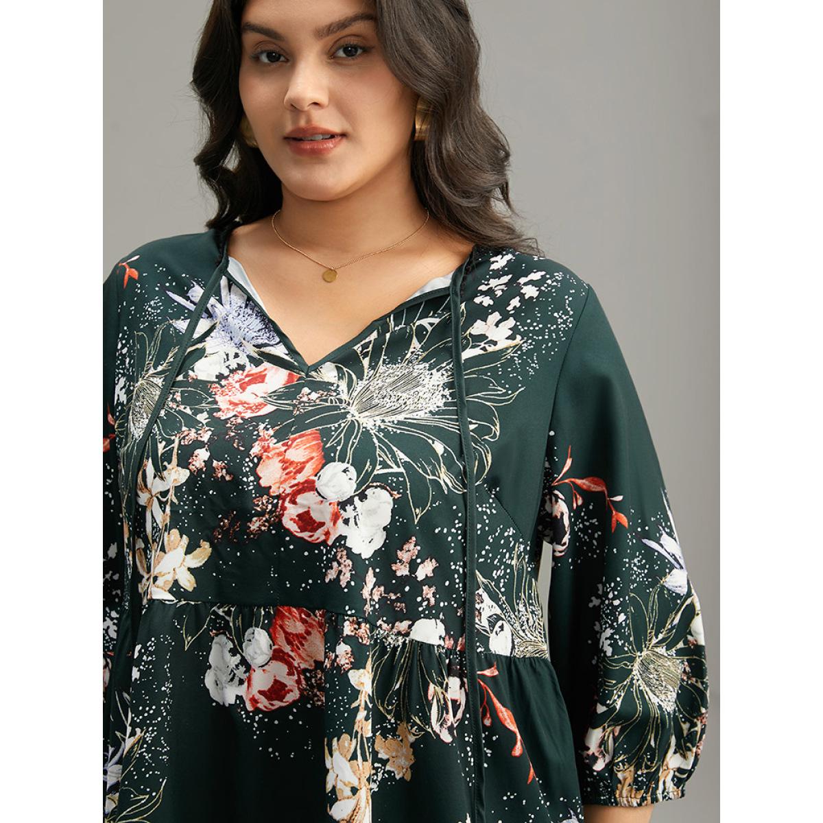 Plus Size DarkGreen Floral Print Knot Neck Pompom Trim Gathered Blouse Women Elegant Elbow-length sleeve Tie Neck Everyday Blouses BloomChic 12/L Product Image
